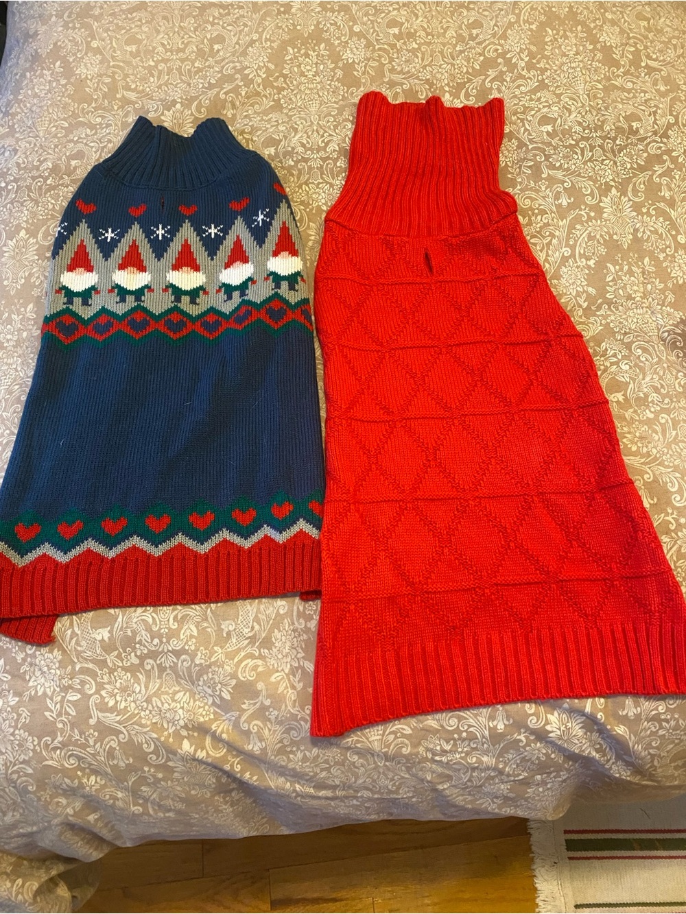 Festive Knit Dog Sweaters - Navy Gnome & Solid Red